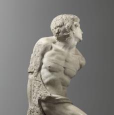 Michelangelo Buonarroti, dit Michel-Ange (1475-1564), Esclave rebelle. Vue de trois quarts. 1513-1515, sculpture (marbre), 215 × 49 × 75,5 cm. Paris, musée du Louvre (MR 1589)