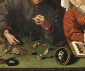 Quentin Metsys (1466-1530), Le Prêteur et sa femme (Le Changeur et sa femme [détail de l’angle inférieur gauche : table et mains]). 1514, huile sur bois, 70 × 67 cm. Paris, musée du Louvre (no inv. INV. 1444)