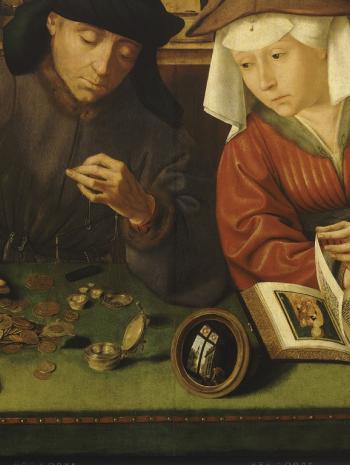 Quentin Metsys (1466-1530), Le Prêteur et sa femme (Le Changeur et sa femme [détail de la partie inférieure]). 1514, huile sur bois, 70 × 67 cm. Paris, musée du Louvre (no inv. INV. 1444)