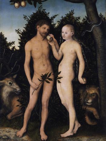 Lucas Cranach l’Ancien (1472-1553), Adam et Ève au paradis. Le Péché originel. 1533, peinture (huile sur bois de hêtre), 50,5 × 35,7 cm. Allemagne, Berlin, Gemäldegalerie (567)